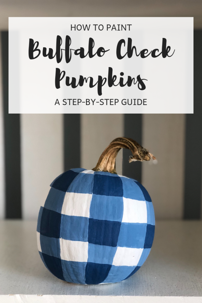 Learn how to paint a DIY  blue and white buffalo check pumpkin. These plaid pumpkins are a great addition to rustic farmhouse decor.