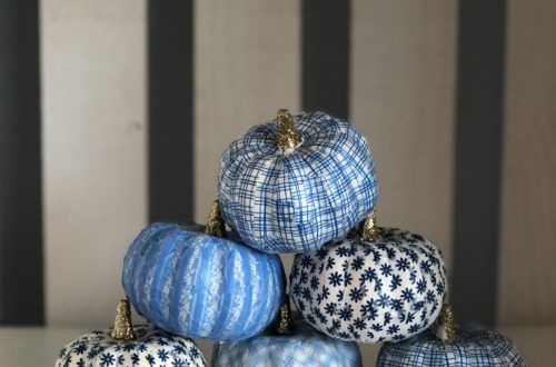 Blue and white DIY washi tape pumpkin decorations for Halloween or fall.