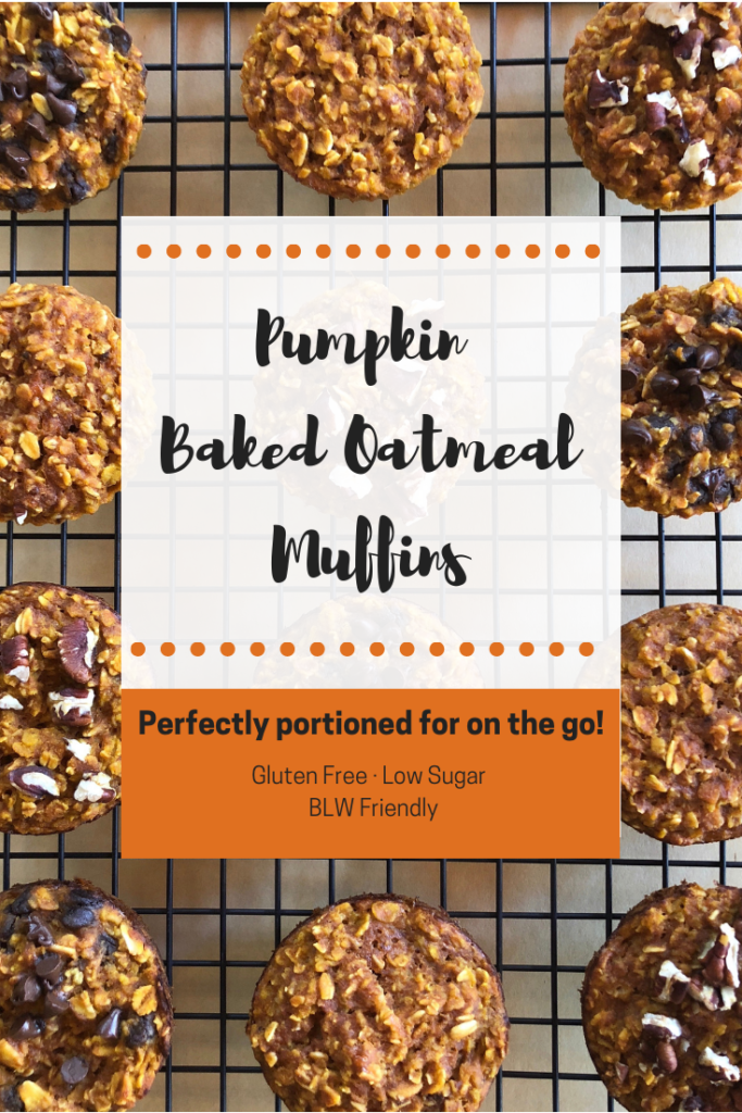 Pumpkin Baked Oatmeal muffins are the perfect portable on the go breakfast! They are healthy, gluten free and Baby Led Weaning friendly. 