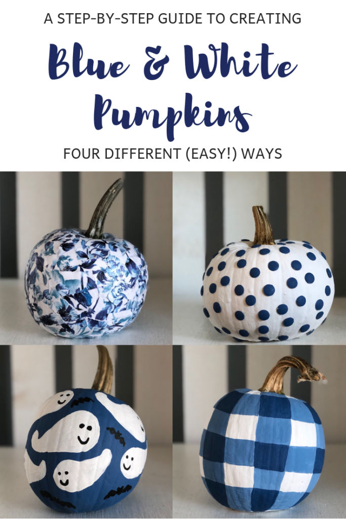 Learn how to make floral, buffalo check, polka dot and ghost pattern DIY blue and white pumpkins. These blue and white pumpkins are a great addition to rustic farmhouse decor.