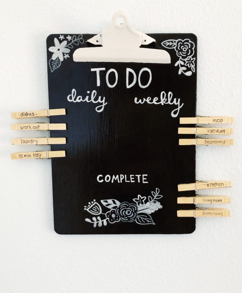 Make a master to-do list using a clipboard and clothespins. An easy DIY to help you create a cleaning schedule or for remembering daily tasks. 