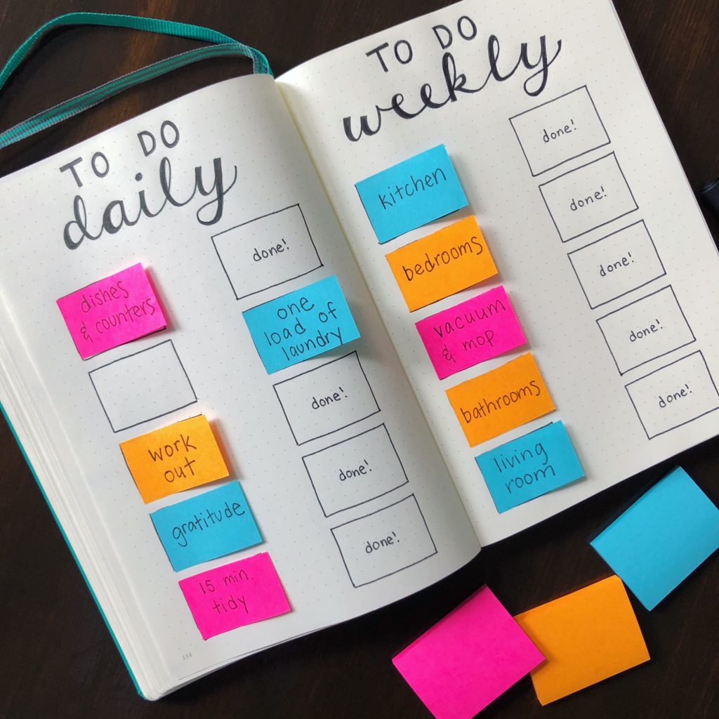 Make daily and weekly to do master lists in your bullet journal using sticky notes! You can reuse the list everyday and every week instead of writing the same tasks over and over. 