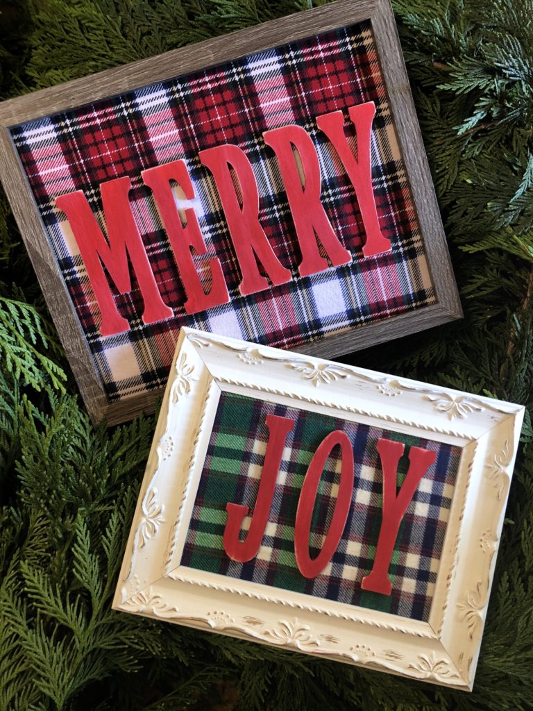 Easy DIY plaid Christmas sign using flannel fabric. An inexpensive addition to your rustic farmhouse Christmas decor or a cute DIY Christmas gift!