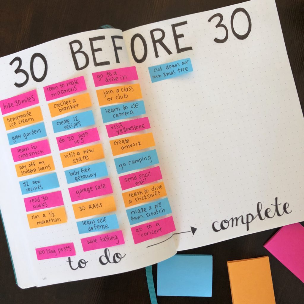 How to use sticky post it notes in your bullet journal to create a goal tracker for new year's resolutions, a bucket list or 30 before 30 list.