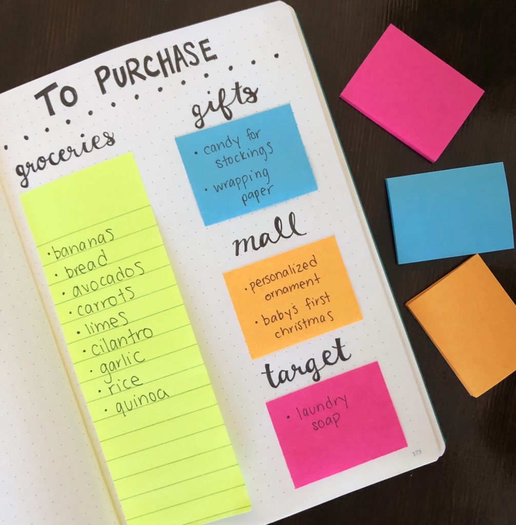 How to use sticky post it notes in your bullet journal to create a reusable shopping list.