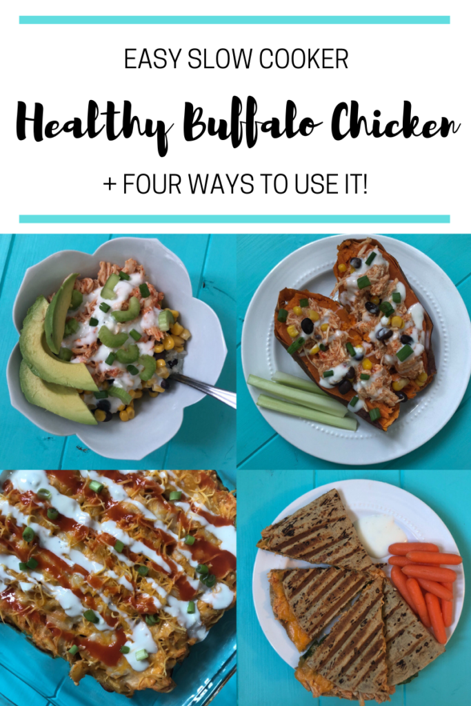 Learn how to make the best healthy buffalo chicken in the crockpot! Then, make meal prep easier and more exciting with these four recipes all using the buffalo chicken! #slowcooker #healthycrockpotrecipe #healthyslowcookerrecipe #healthybuffalochicken #mealprep