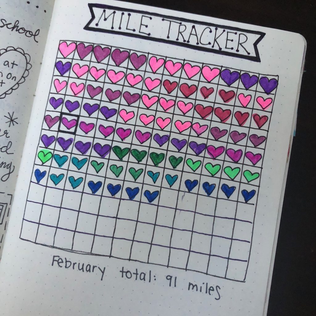 Mile tracker for running in my bullet journal. I share over ten different ways that you can use a bullet journal to track health and fitness in this post! #bujo #bulletjournal #miletracker