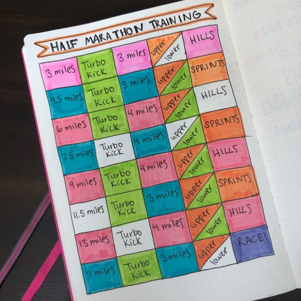 Half marathon training schedule in my bullet journal. I share over ten different ways that you can use a bullet journal to track health and fitness in this post! #bujo #bulletjournal #halfmarathontraining