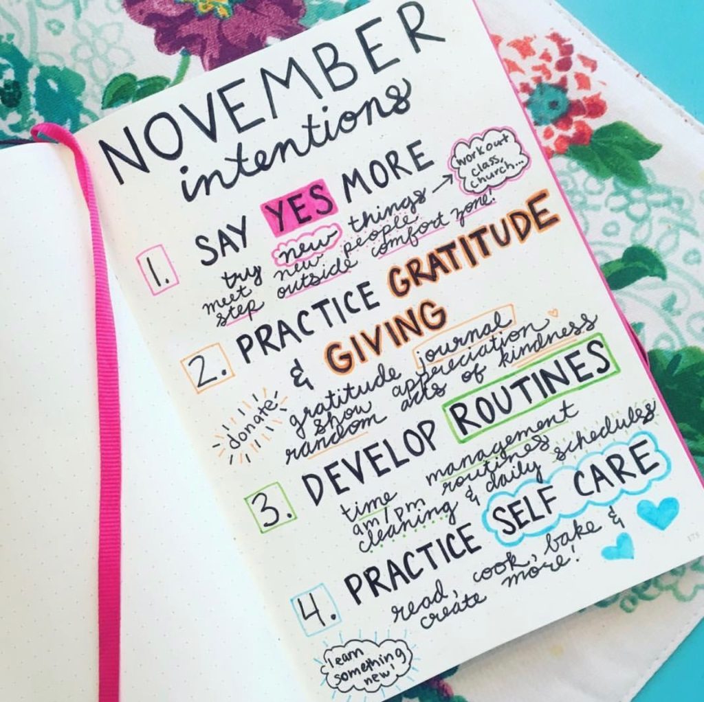 November goals and intentions hand lettered in my bullet journal. I share over ten different ways that you can use a bullet journal to track health and fitness in this post! #bujo #bulletjournal #novemberintentions