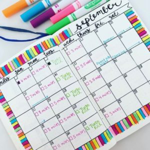 Monthly workout schedule in my bullet journal. I share over ten different ways that you can use a bullet journal to track health and fitness in this post! #bujo #bulletjournal