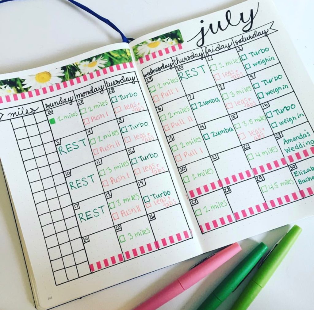 A monthly workout schedule in my bullet journal. I share over ten different ways that you can use a bullet journal to track health and fitness in this post! #bujo #bulletjournal #july #workout