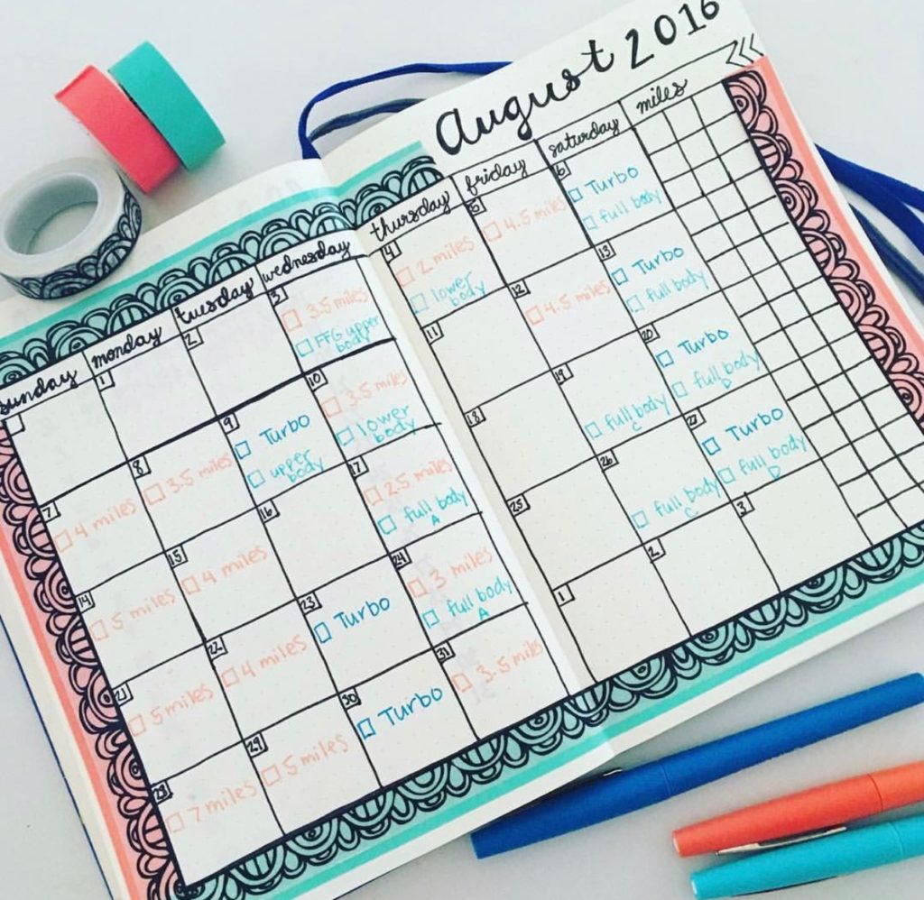 Monthly workout calendar in my bullet journal. I share over ten different ways that you can use a bullet journal to track health and fitness in this post! #bujo #bulletjournal #workout #august