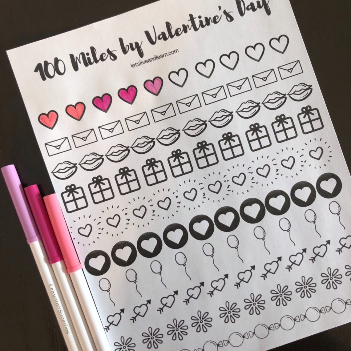 Free mile tracker printable-- Track the miles you run with this cute Valentine's Day theme printable download. #miletracker #100miles #freedownload #freeprintable