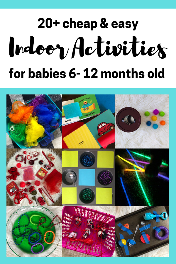 A huge list of easy and cheap indoor activities for young babies who are 6-12 months old. Perfect for those cold winter months when you are stuck inside! #winter #6months #7months #8months #9months #10months #11months