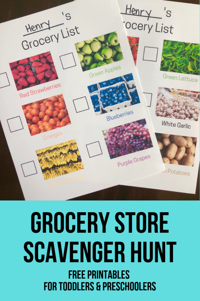 Grocery Store Scavenger Hunt free printables for toddlers and preschoolers. Help your kids learn fruit, vegetable and color words! #scavengerhunt #learningthroughplay #toddlerplay