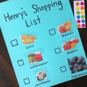 Learn how to make an easy DIY Grocery Store Scavenger Hunt for toddlers and preschoolers. Also includes free printable options. Help your kids learn fruit, vegetable and color words! #scavengerhunt #learningthroughplay #toddlerplay