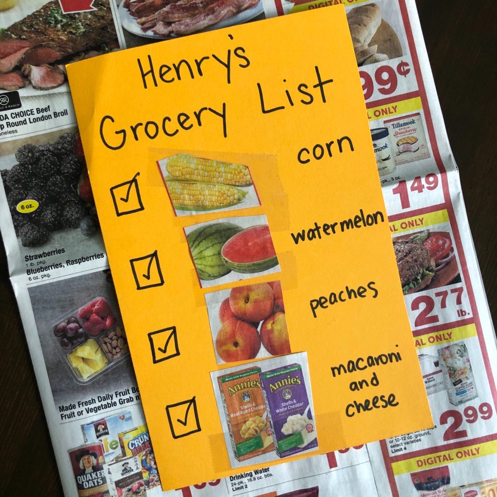 Learn how to make an easy DIY Grocery Store Scavenger Hunt for toddlers and preschoolers. Also includes free printable options. Help your kids learn fruit, vegetable and color words! #scavengerhunt #learningthroughplay #toddlerplay