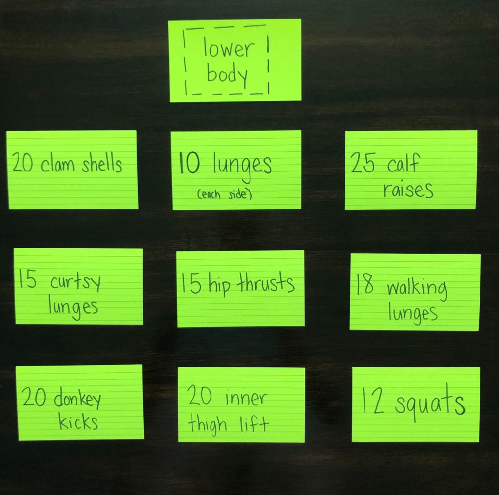 Note card workout: Lear to make DIY workout cards and how to use them for a fun at home workout. #athomeworkout #fullbodyworkout #funworkout #uniqueworkout