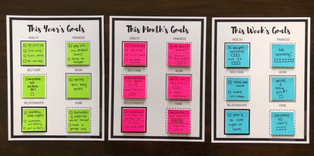 Free sticky note goal setting printables! Set yearly, monthly or weekly goals with these reusable printables! Each printable has different categories for goals including health, fitness, work, self care, relationship and home goals! #goalsetting #goalprintable #freeprintable