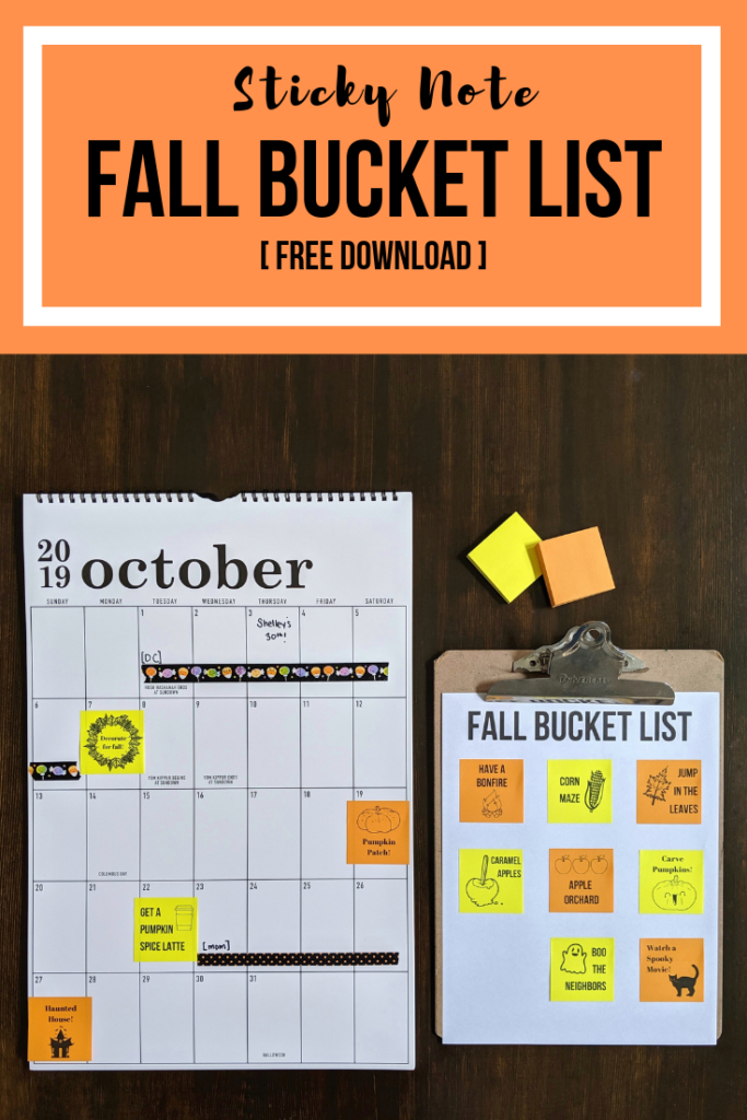 DIY sticky note customizable fall bucket list for your calendar or planner! Free download that you can customize by choosing the activities you want to do this autumn with your family! #fallbucketlist #customizablebucketlist #stickynotes #postitnotes #halloweenbucketlist #free