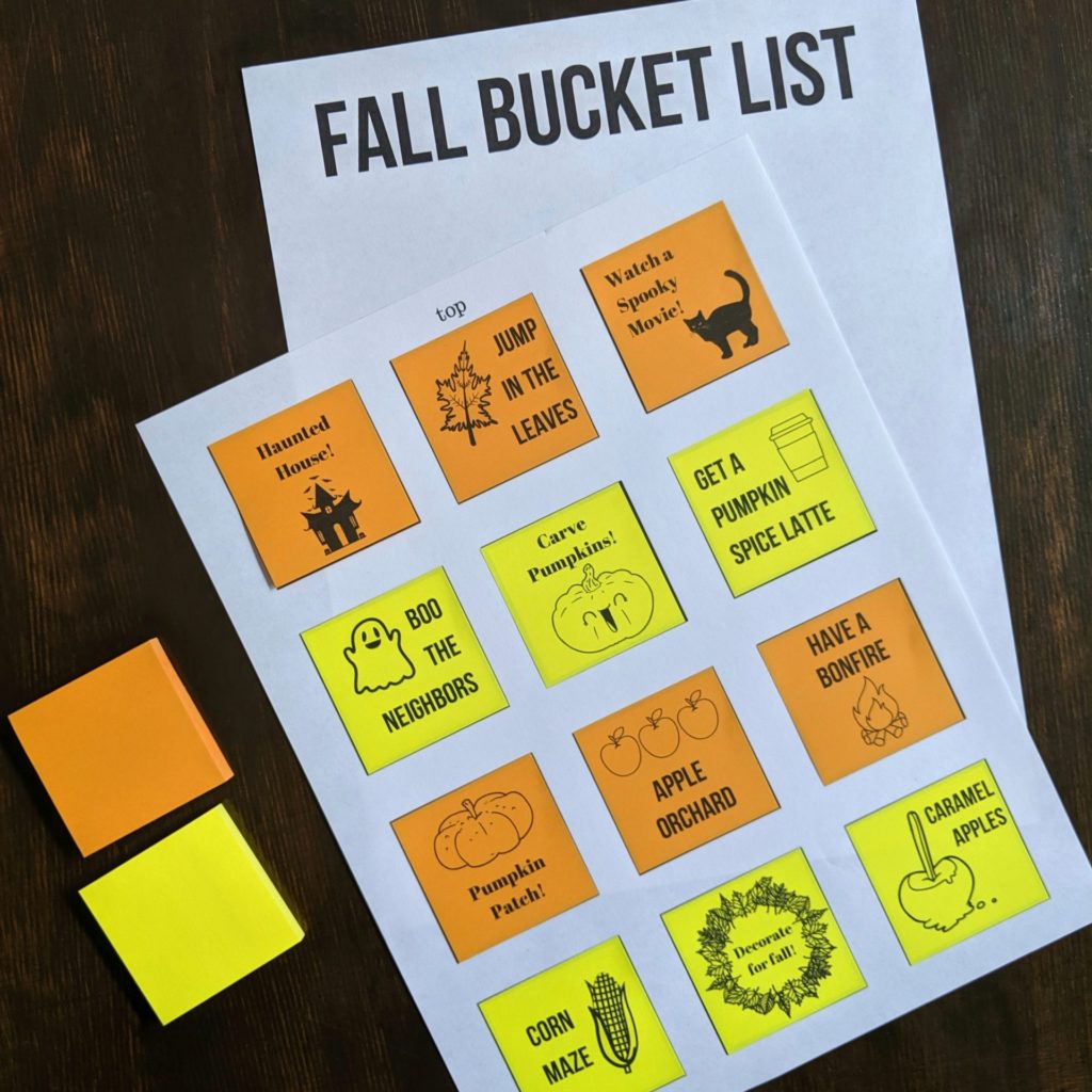 DIY sticky note customizable fall bucket list for your calendar or planner! Free download that you can customize by choosing the activities you want to do this autumn with your family! #fallbucketlist #customizablebucketlist #stickynotes #postitnotes #halloweenbucketlist #free