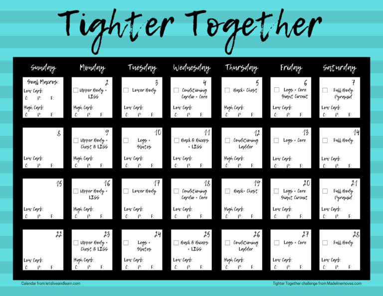 Free Tighter Together Workout Calendar Printable Let's Live and Learn