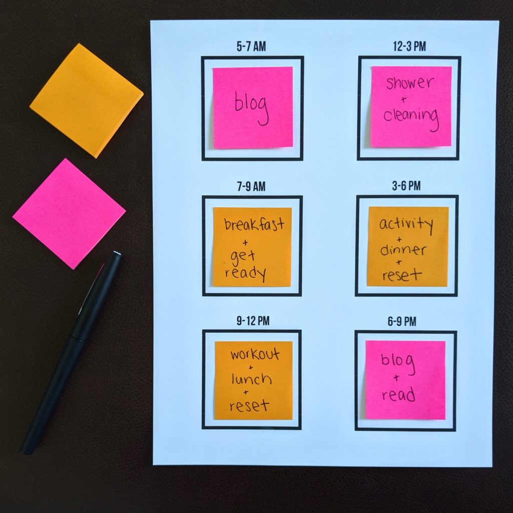 Free time blocking printable template. Reuse multiple times with sticky notes! #timeblocking #productivity #stickynotes