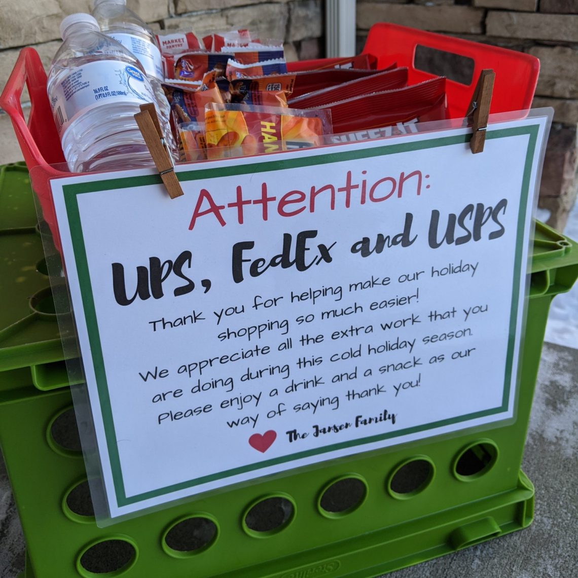 Treats left out for delivery (UPS, FedEx and USPS) drivers for a random act of kindness during the holidays. Includes a free printable and ideas for what treats to include! #randomactofkindness #raks #kindnessforkids #holidaykindness #christmas