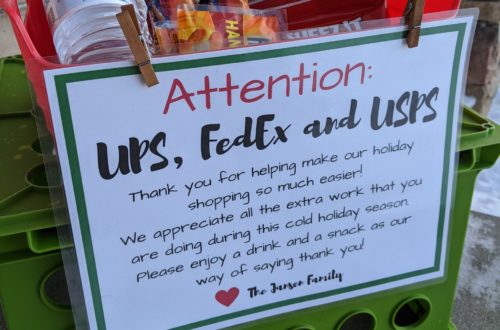 Treats left out for delivery (UPS, FedEx and USPS) drivers for a random act of kindness during the holidays. Includes a free printable and ideas for what treats to include! #randomactofkindness #raks #kindnessforkids #holidaykindness #christmas