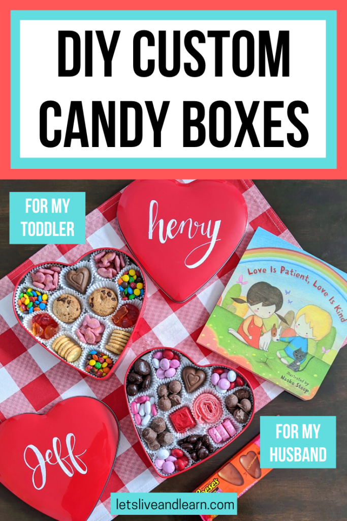DIY customizable candy heart boxes for Valentine's day for toddlers, kids and husbands! Make a customizable V-day treat box for your children or significant other, filled with their favorite treats! Great for food allergies or picky eaters! Costs only a few dollars too! #cheapvalentinesgifts #frugalvalentines #foodallergy #valentines #pickyeater #toddler