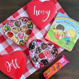 DIY customizable candy heart boxes for Valentine's day for toddlers, kids and husbands! Make a customizable V-day treat box for your children or significant other, filled with their favorite treats! Great for food allergies or picky eaters! Costs only a few dollars too! #cheapvalentinesgifts #frugalvalentines #foodallergy #valentines #pickyeater #toddler