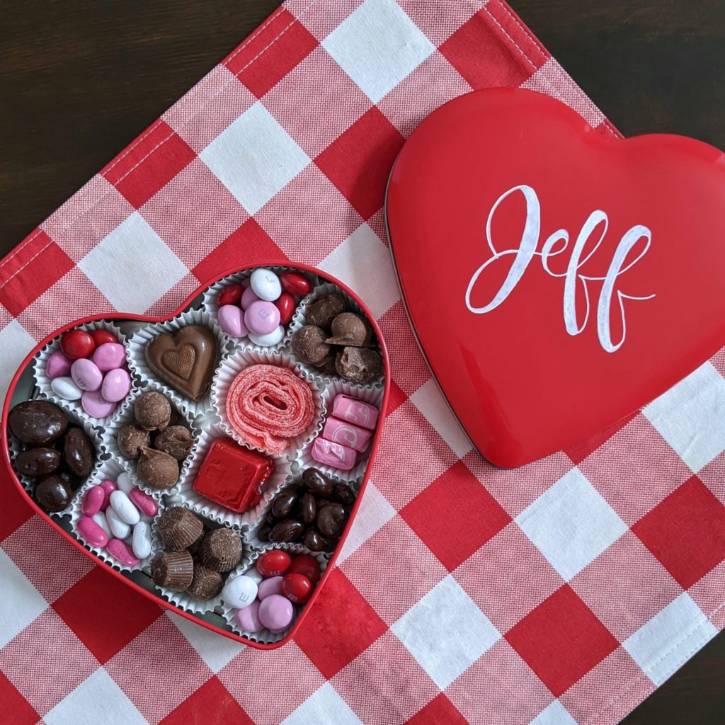 DIY customizable candy heart boxes for Valentine's day for toddlers, kids and husbands! Make a customizable V-day treat box for your children or significant other, filled with their favorite treats! Great for food allergies or picky eaters! Costs only a few dollars too! #cheapvalentinesgifts #frugalvalentines #valentines #husband #boyfriend #him