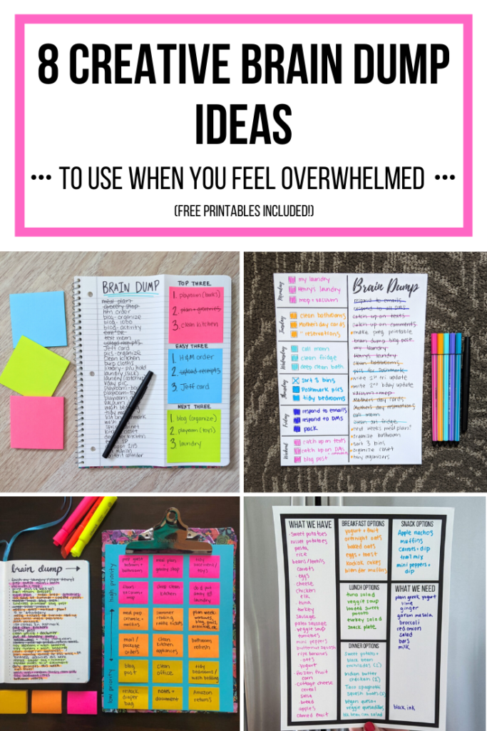 8+ easy brain dump ideas to use when you are feeling anxious or overwhelmed. Make a brain dump list to help you prioritize your to do list and make a plan! #braindump #freeprintable #todolist #stickynotes #postitnotes