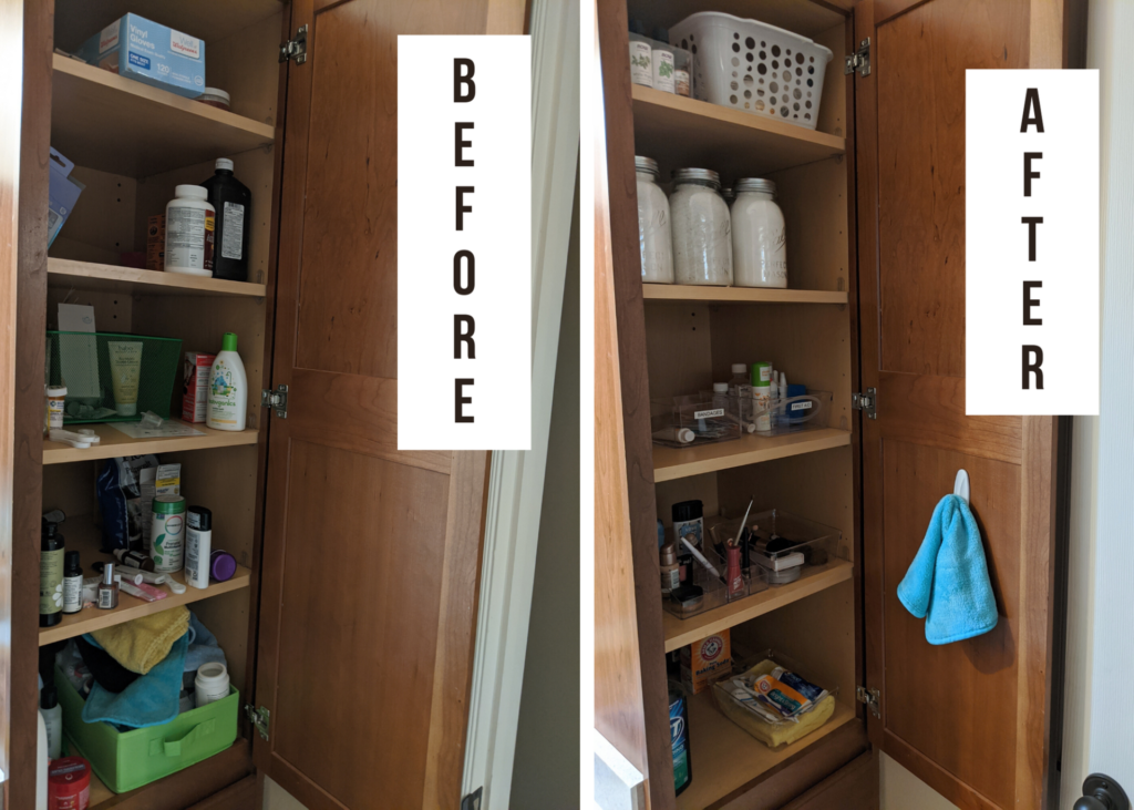 How to simplify and organize the kids' bathroom. Keep a scrub brush filled with soap and vinegar in the bathtub to clean the tub and shower doors anytime! #kidsbathroomhacks #kidsbathroom #kidsbathroomideas #organization