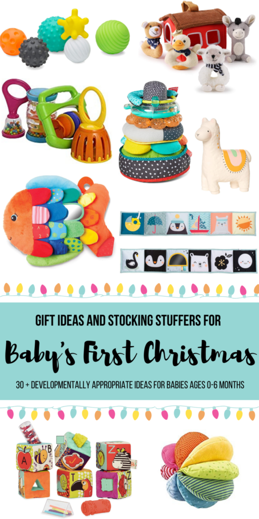 A list of 30 inexpensive educational gifts for babies ranging from newborn to six months old. Great for Christmas gifts, stocking stuffers or baby showers! #giftguide #firstchristmas #newborn #onemonth #twomonths #threemonths #fourmonths #fivemonths #sixmonths #christmas #presents #stockingstuffers
