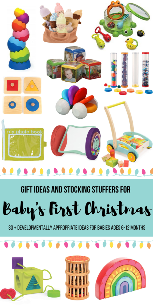 Gift ideas and stocking stuffers for baby's first christmas. Educational gifts for babies 6-12 months old! #giftguide #montessori #6months #7months #8months #9months #10months #11months #12months #oneyearold
