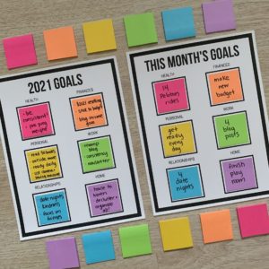 These free sticky note goal setting printables are a flexible method to set goals and resolutions for the new year! #2021 #newyearsresolutions #newyearsgoals #printables #free #goalsetting #stickynotes #postitnotes