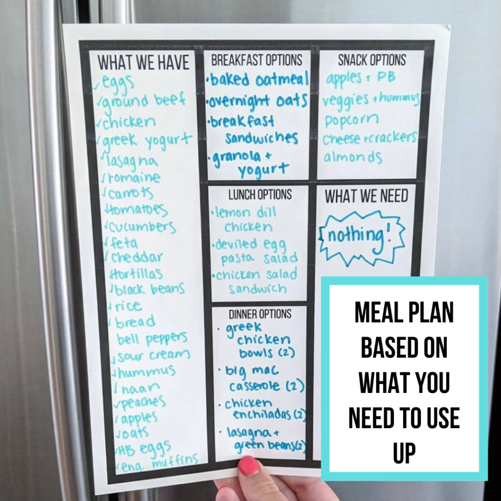 Six tried and true tips and tricks for lowering food waste that you can implement today! Tip 4: Meal Plan based on what you need to use up. #lowwaste #loweringfoodwaste #fridgeorganization #mealplan #freeprintable