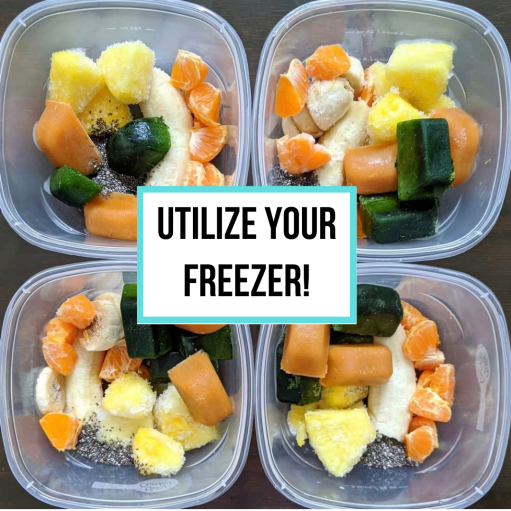 Six tried and true tips and tricks for lowering food waste that you can implement today! Tip 6: Utilize your freezer. #lowwaste #loweringfoodwaste #fridgeorganization #smoothiekits #freezermeals