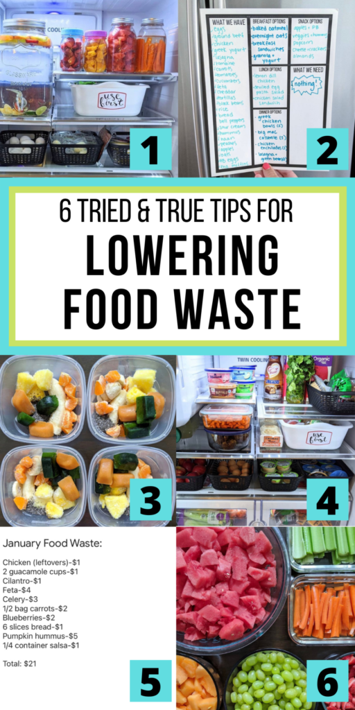 Six tried and true tips and tricks for lowering food waste that you can implement today! #lowwaste #loweringfoodwaste #fridgeorganization #groceryshopping #savemoney
