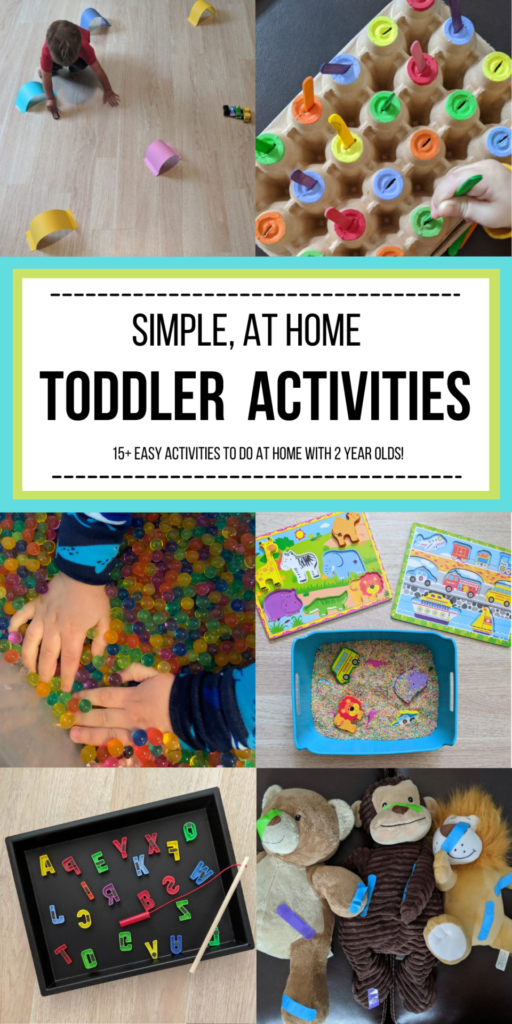 A huge list of easy and cheap at home activities for one and two year old toddlers. Perfect for those cold winter months when you are stuck inside! #winter #oneyearold #18months #2yearsold #twoyearsold #toddleractivities #athomelearning #athomeactivities #threeyearsold #indooractivities #simple