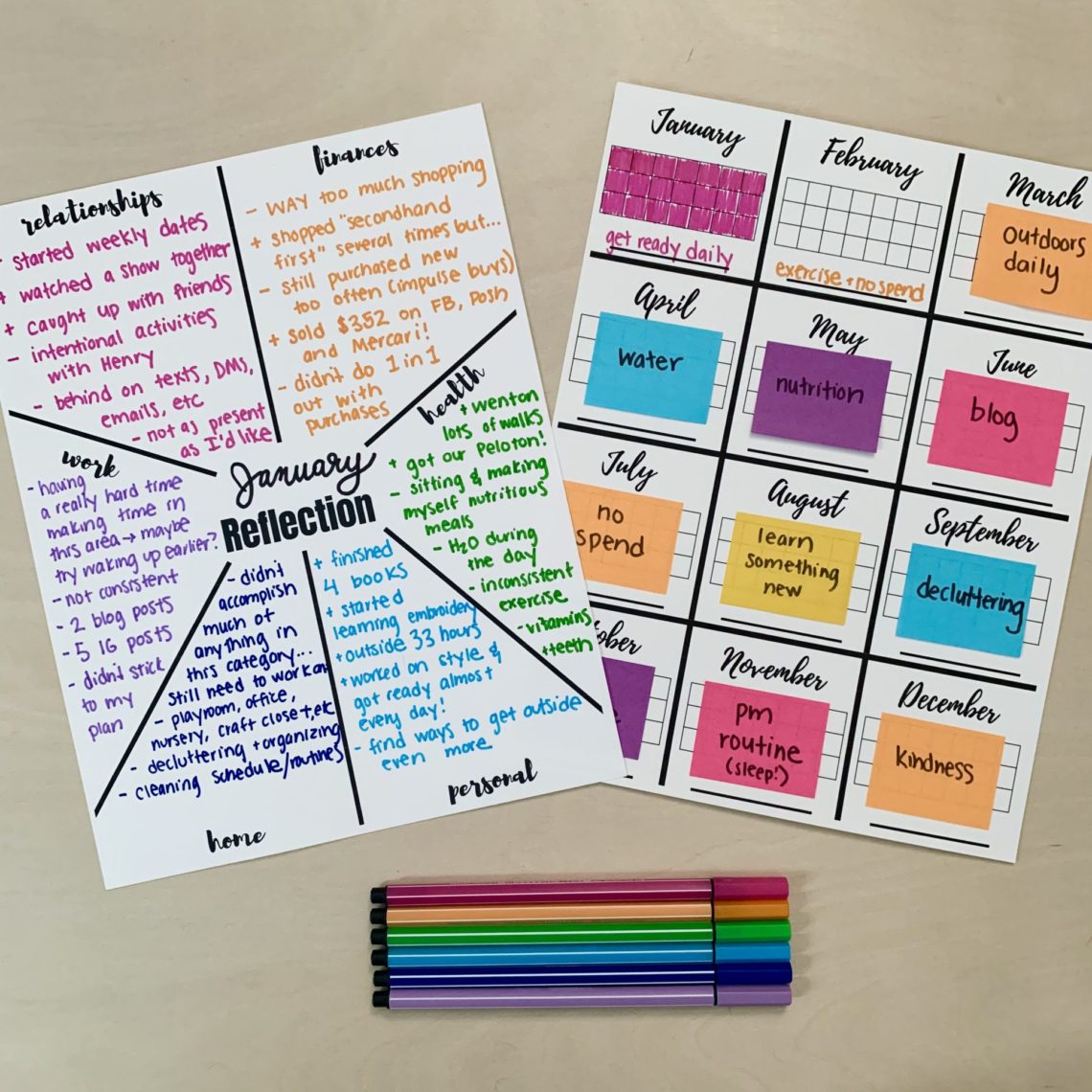 Monthly reflection and goal setting printables. #freeprintable #freetemplate #worksheet #monthlygoals #monthlyreflection #habittracker #stickynotes