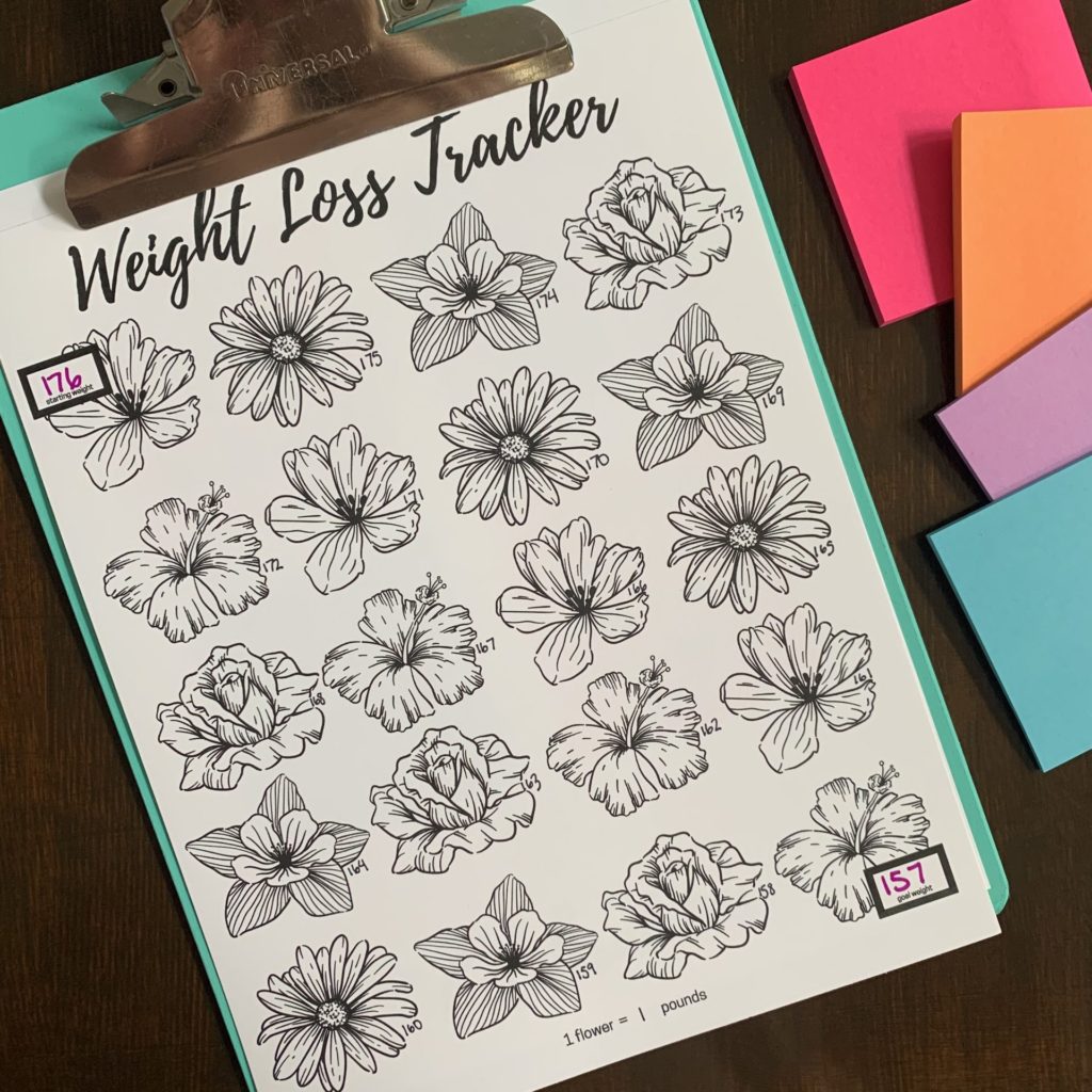 Free weight loss printables: Make your own workout clipboard or binder to keep motivated! Track your weight with this printable template. #weightloss #weightlossjourney #freeprintable #weighttracker #floral