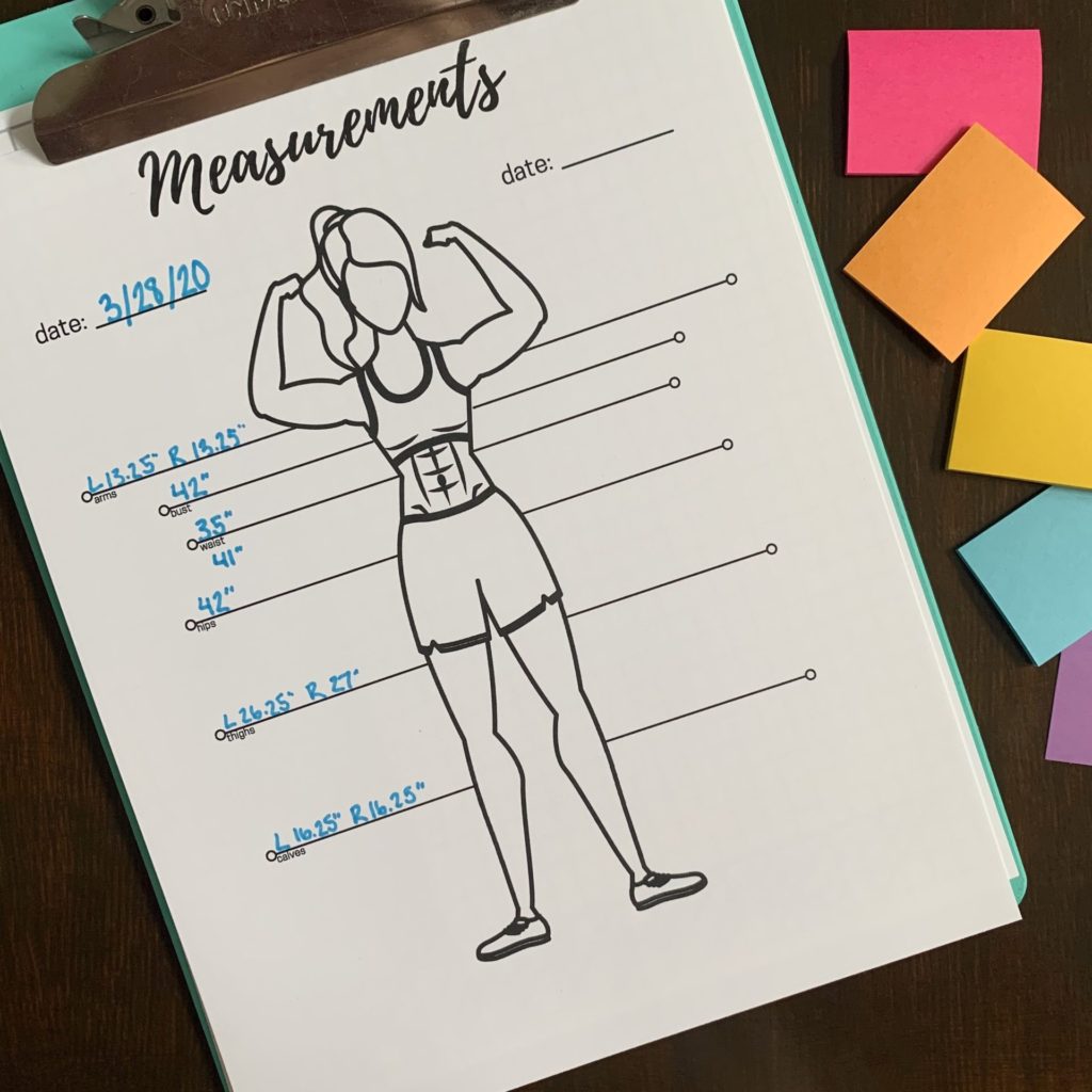Free weight loss printables: Make your own workout clipboard or binder to keep motivated! Track your measurements with this printable template. #weightloss #weightlossjourney #freeprintable #weighttracker #measurementtracker