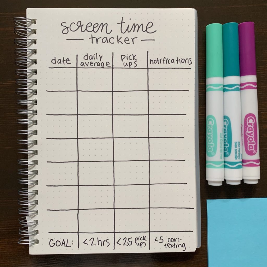 Simple screen time bullet journal tracker to help make social media more intentional. #bujo #bulletjournal #socialmedia #Limits #screentime
